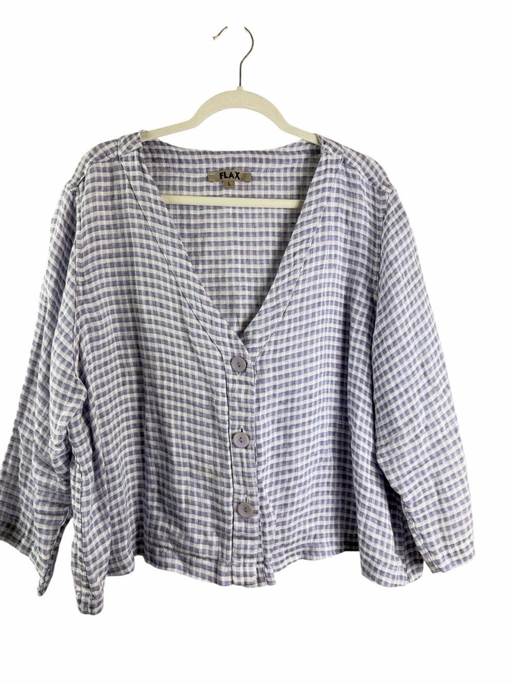 FLAX Lavender Check Button-Front V-Neck Women’s Top